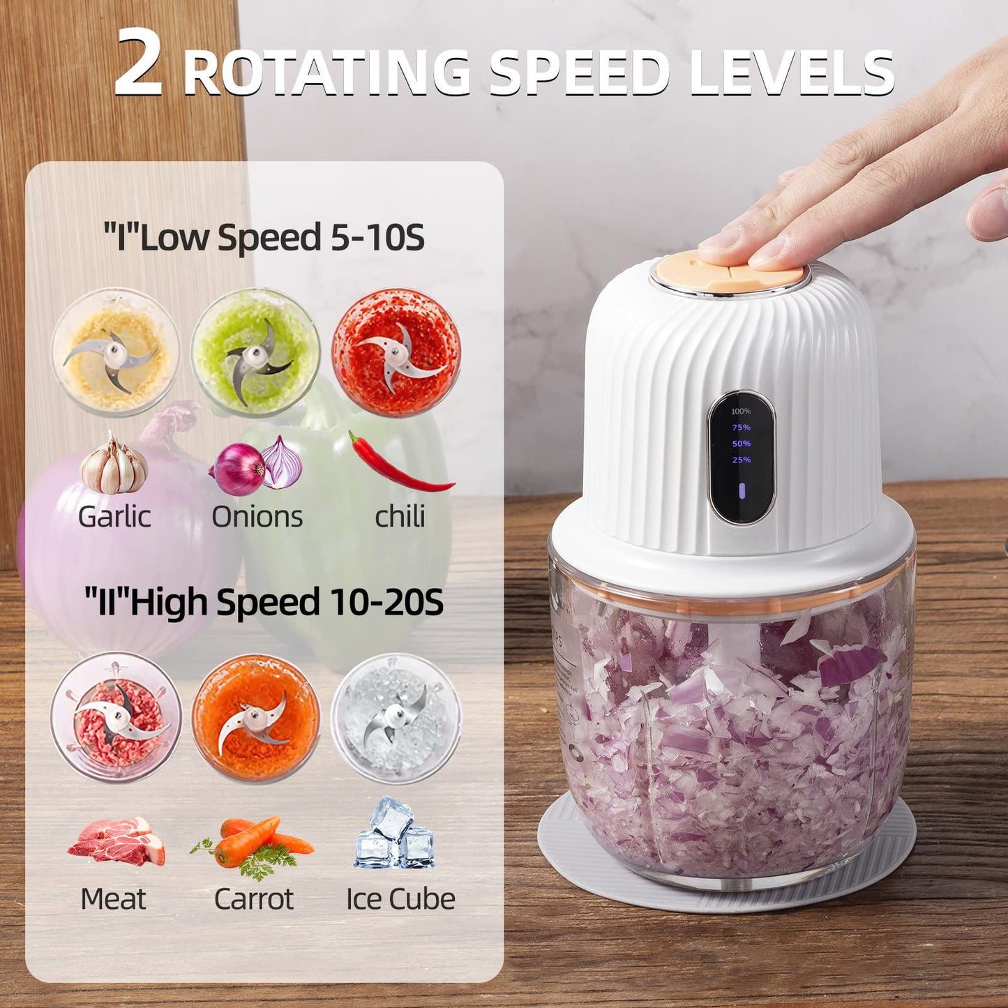 Electric Cordless Meat Grinder - 200W Wireless Food Processor with 3 Blades, Stainless Steel Kitchen Chopper Helper