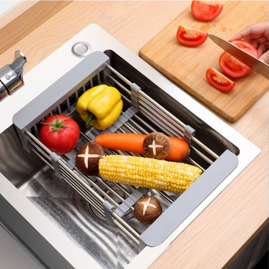 Adjustable Sink Dish Drainer - Expandable Stainless Steel with Drip Tray, Kitchen Space Saving Drying Rack for Dishes